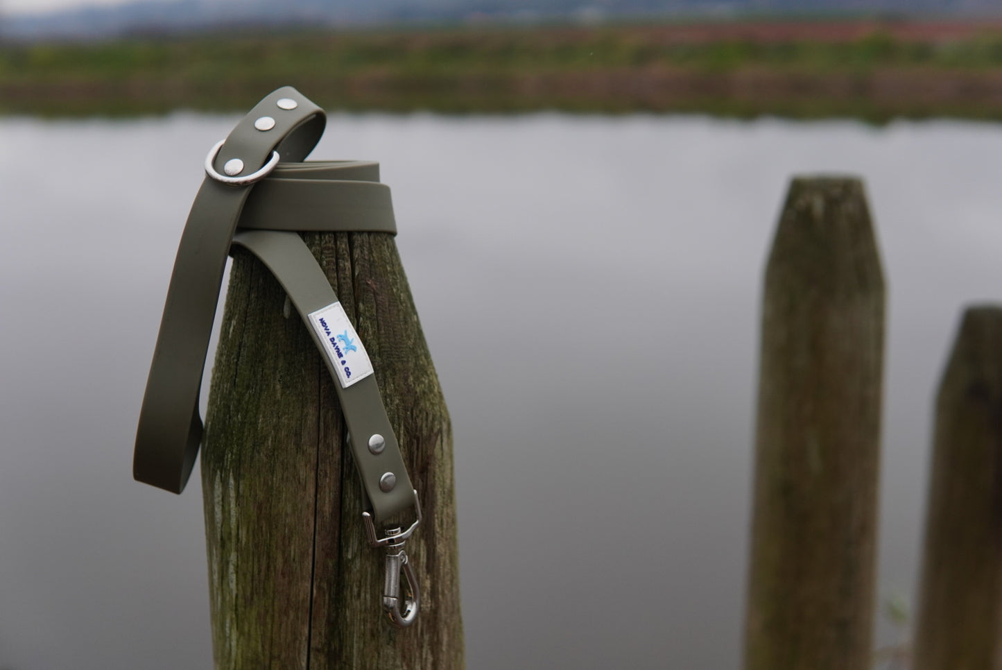 Waterproof dog leash with metal clasp on a wooden post by a body of water